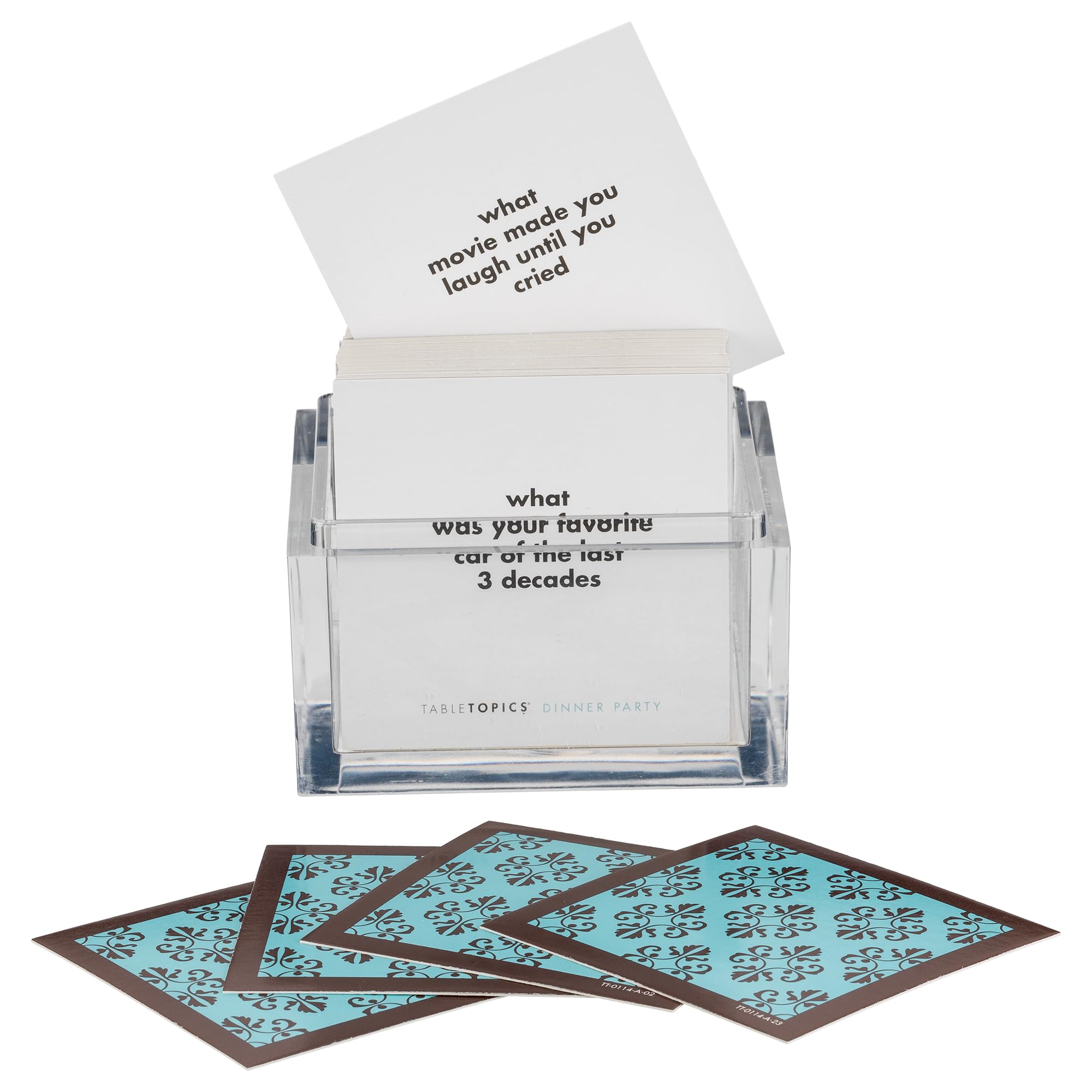 TableTopics question cards close-up, sparking lively dialogue in gatherings.
