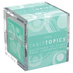 TableTopics Teen conversation cards in a clear cube spark family conversations during meals.