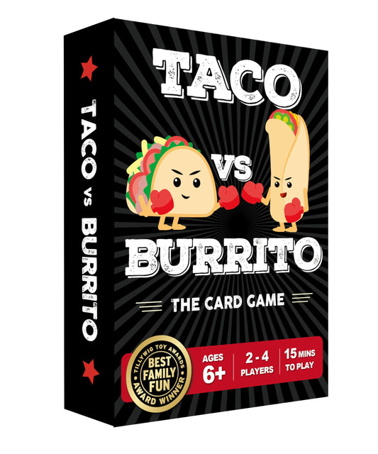 Taco vs Burrito game box open, ready for quick family game night.