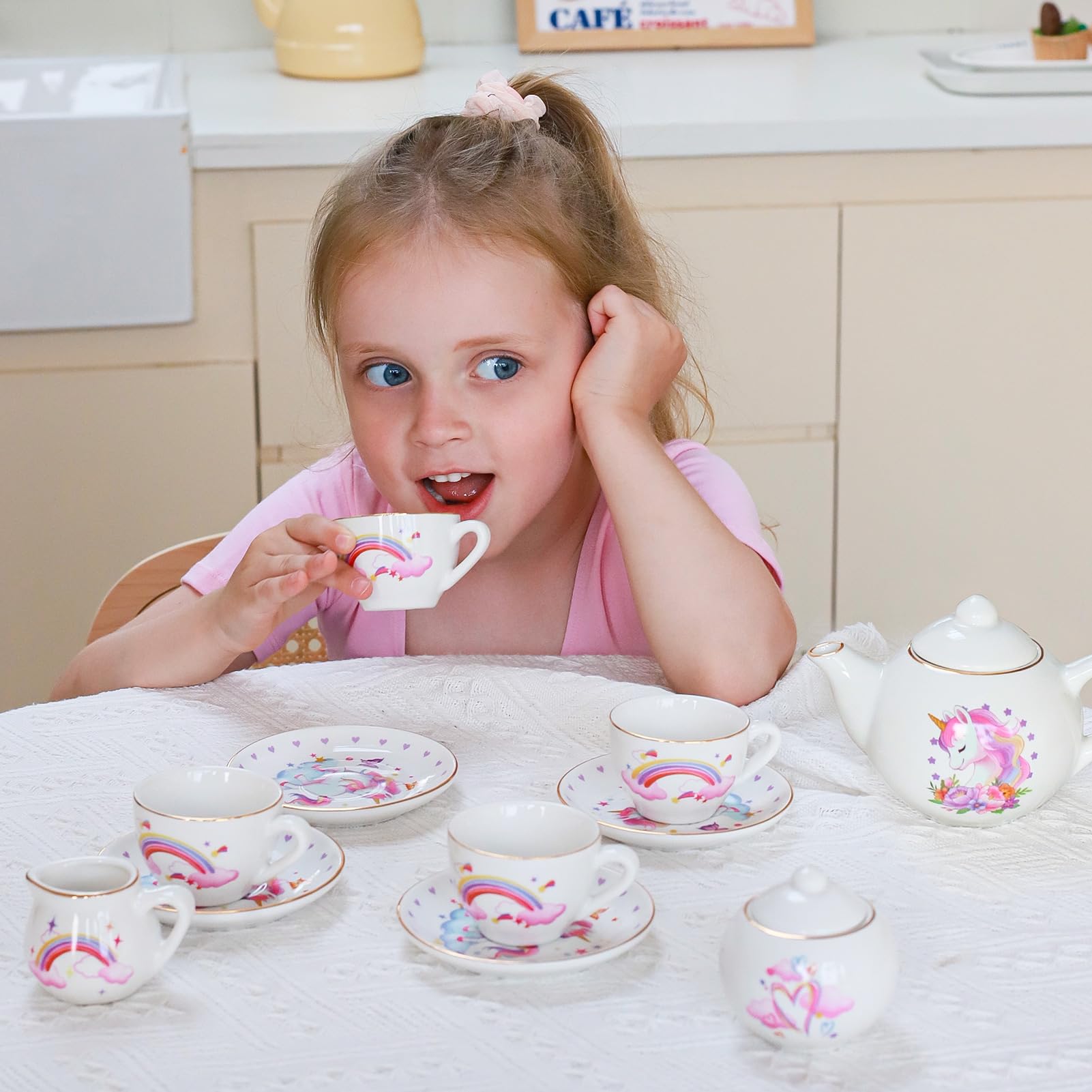Tacobear unicorn tea set saucers with four matching plates for coordinated serving
