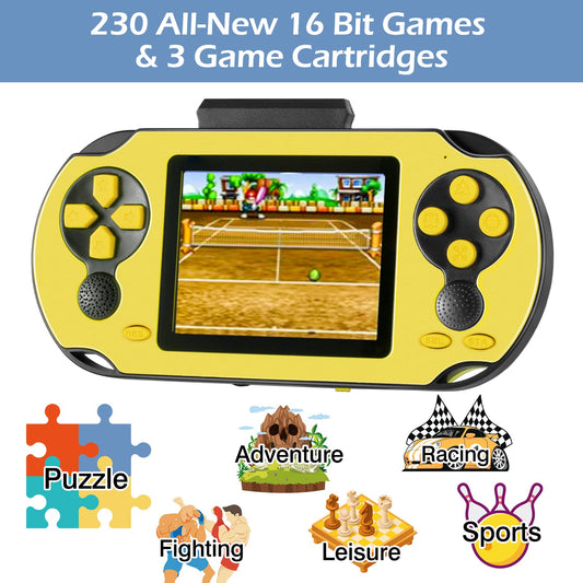 TaddToy 16-bit handheld side view highlights ergonomic design for kids.