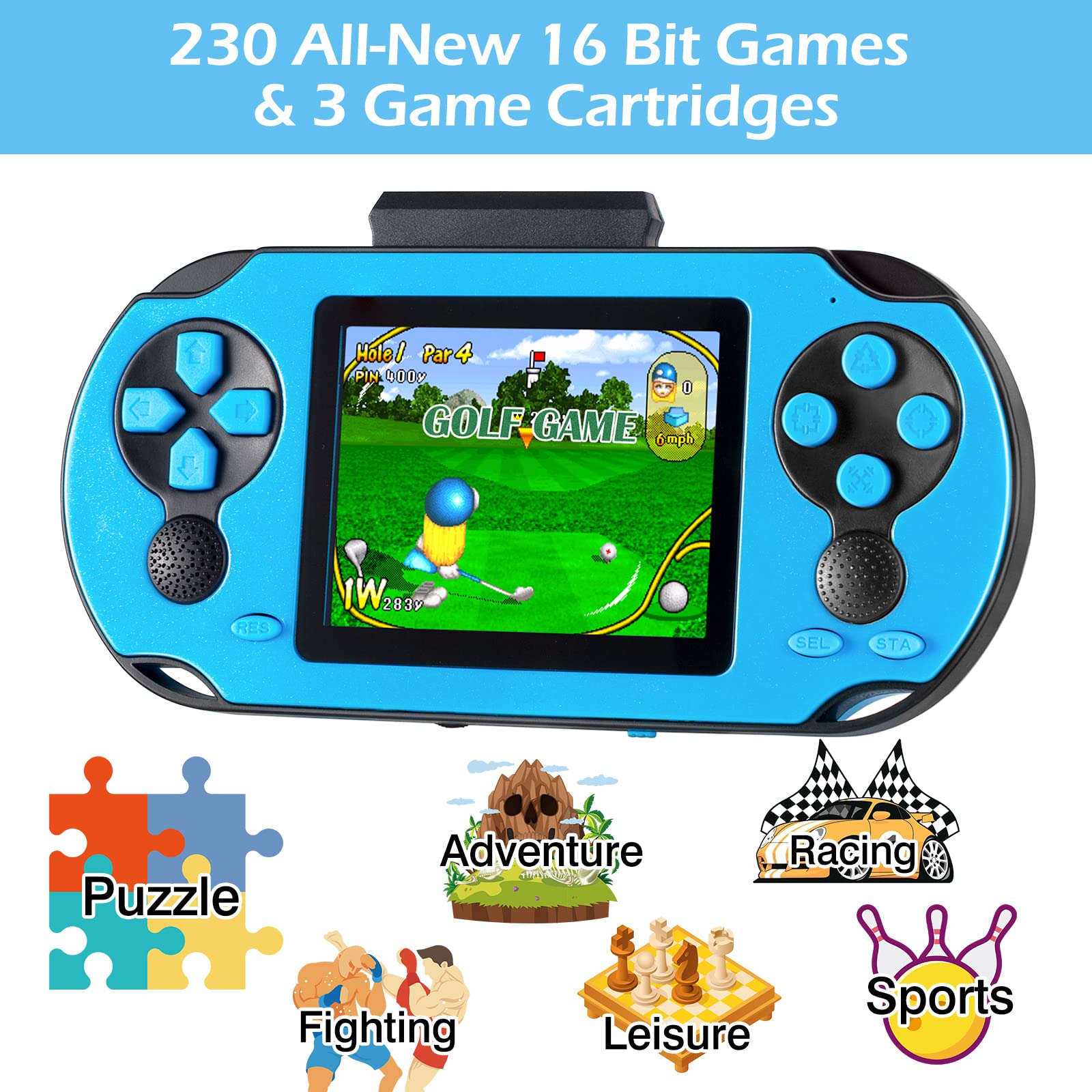 TaddToy 16Bit handheld top view shows compact design for kids and adults.