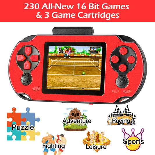 TaddToy handheld console showing three game cartridges for varied classic titles.