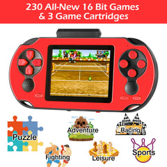 TaddToy handheld console showing three game cartridges for varied classic titles.