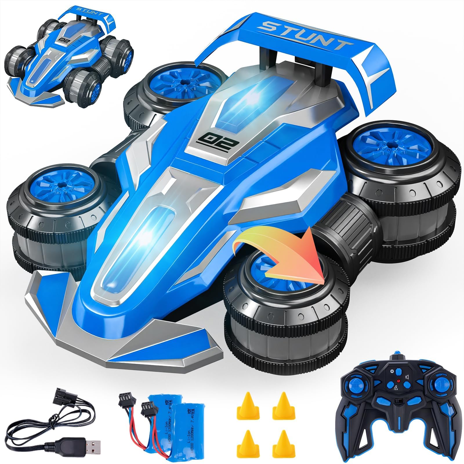 TADOZIC 4WD RC stunt car front view highlighting rugged chassis for indoor and outdoor play