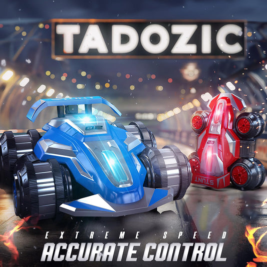 TADOZIC 4WD RC stunt car side profile highlights anti-slip tires for stable driving on varied surfaces