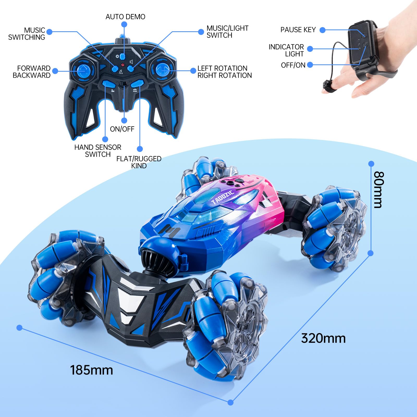TADOZIC gesture-sensing RC stunt car dual batteries charging setup