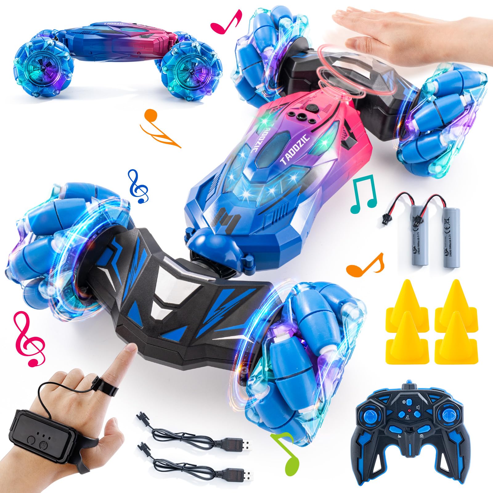 TADOZIC gesture-sensing RC stunt car front view showing energetic LED lights and action-ready stance