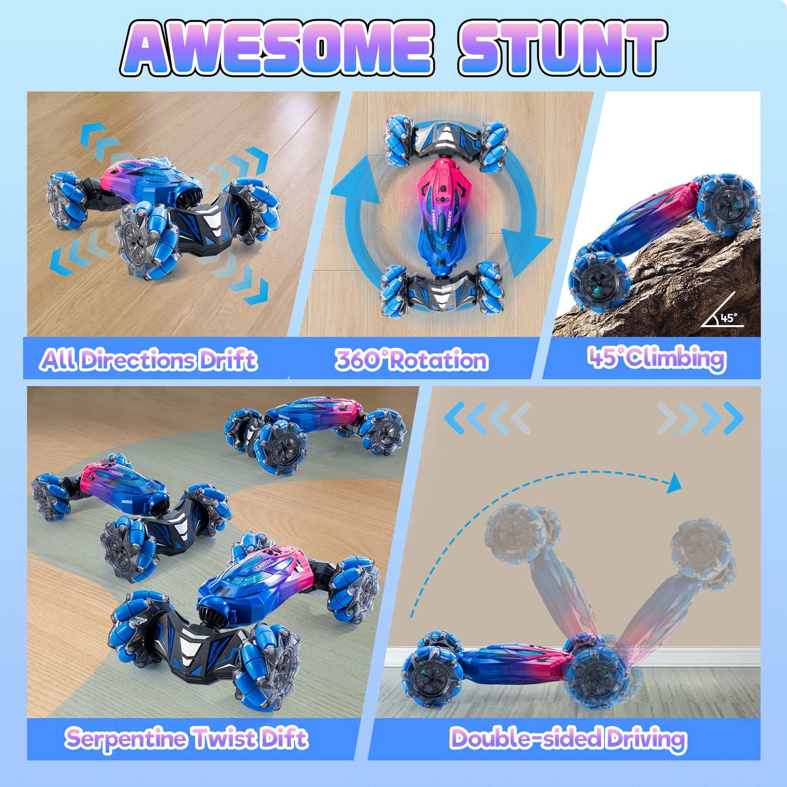 TADOZIC gesture-sensing RC stunt car with bright LED lights at night