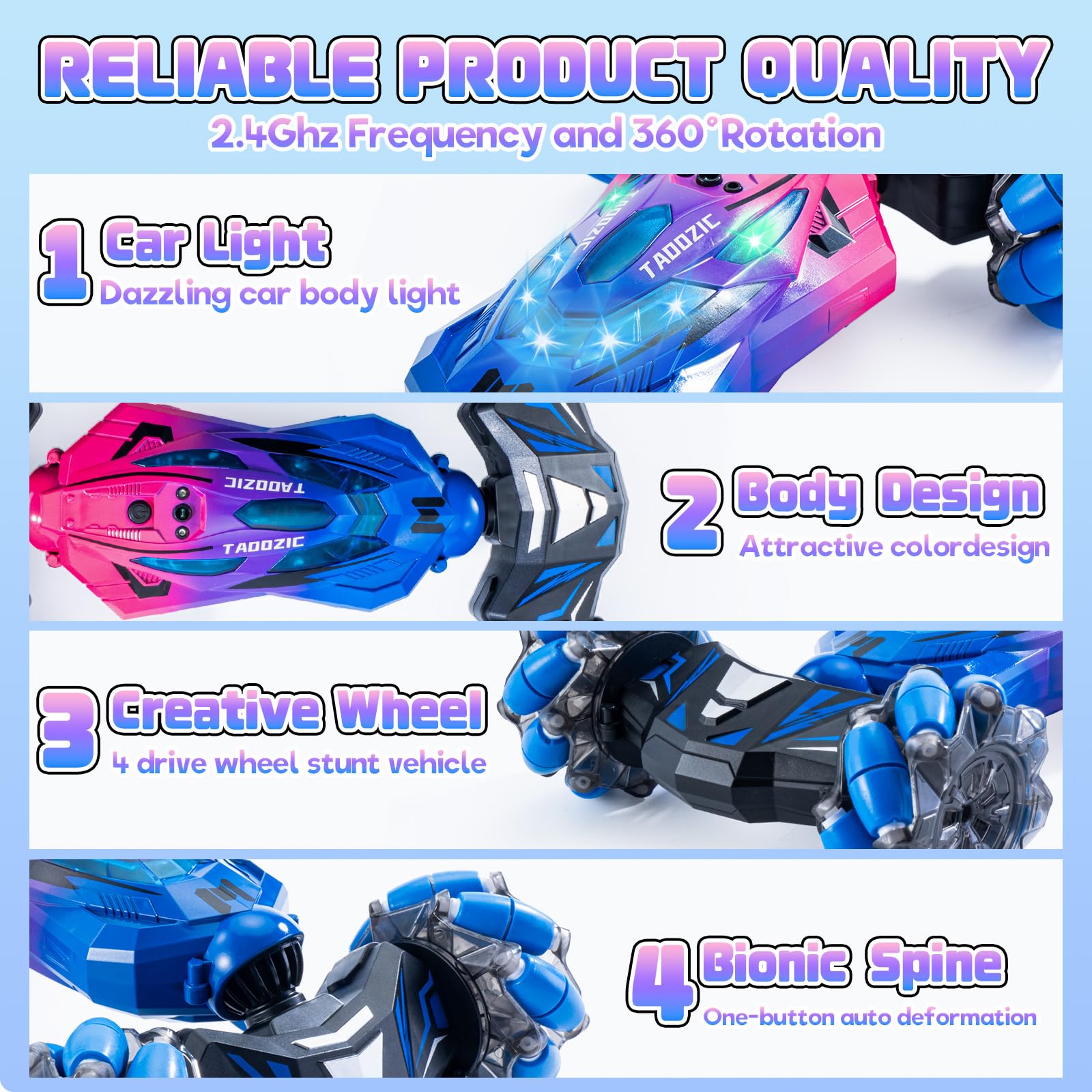 TADOZIC gesture-sensing RC stunt car remote control mode illustrated for precise racing