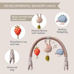Taf Toys Arch attaches to a stroller for outdoor use.