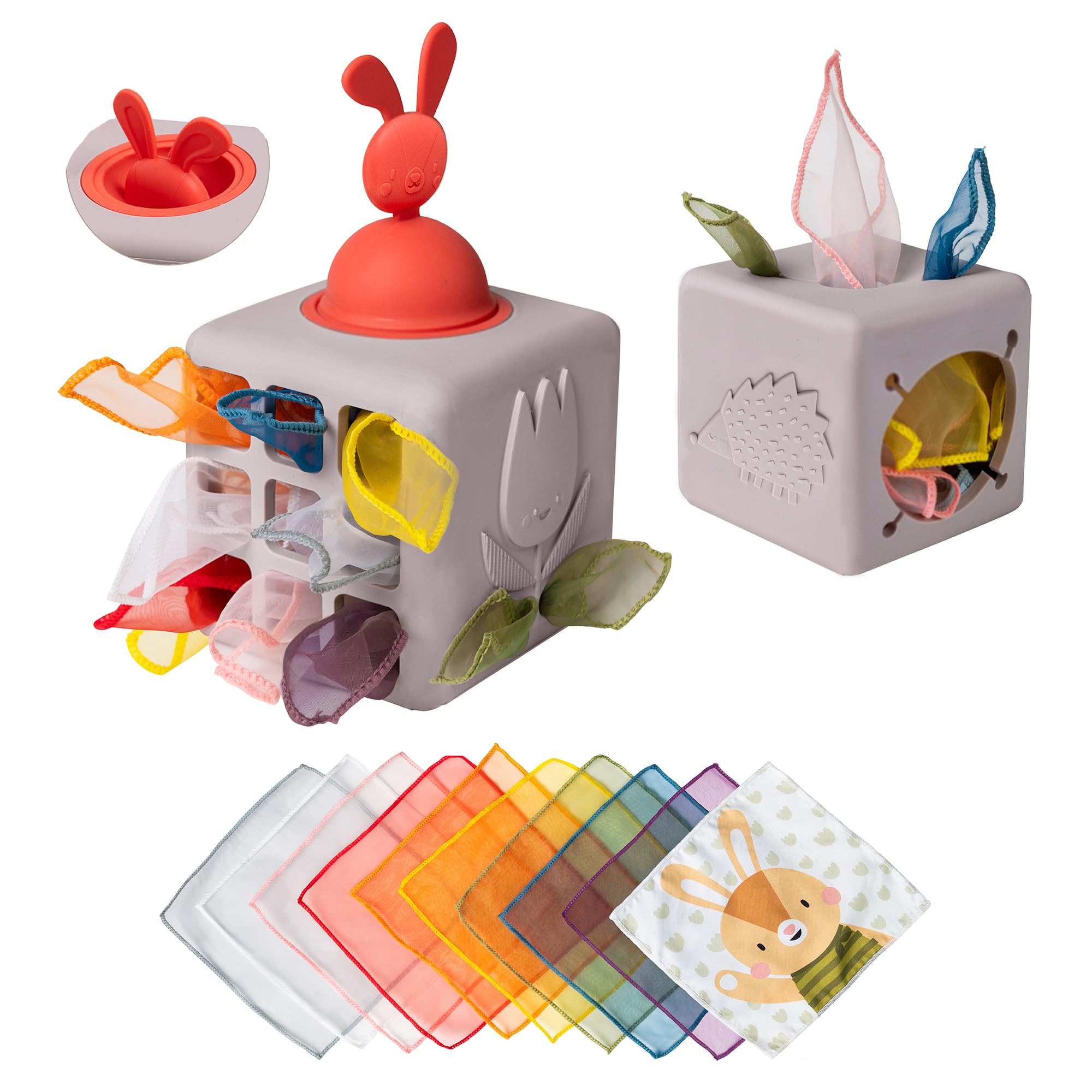 Taf Toys baby tissue box pop-up bunny for cause-and-effect learning and fine motor play.