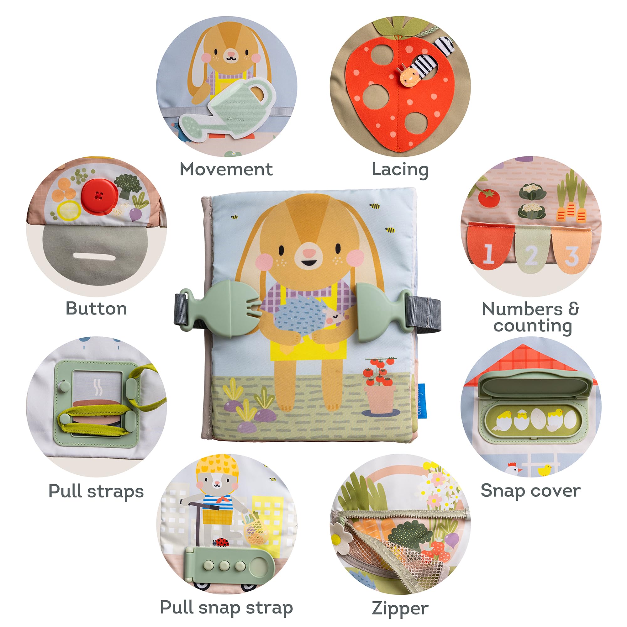 Taf Toys Busy Book zipper activity builds fine motor skills during car rides