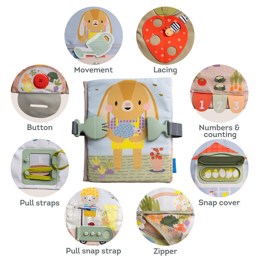 Taf Toys Busy Book zipper activity builds fine motor skills during car rides