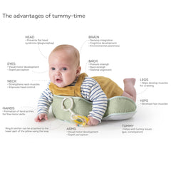 Cushion with attached toys encourages baby interaction during tummy time