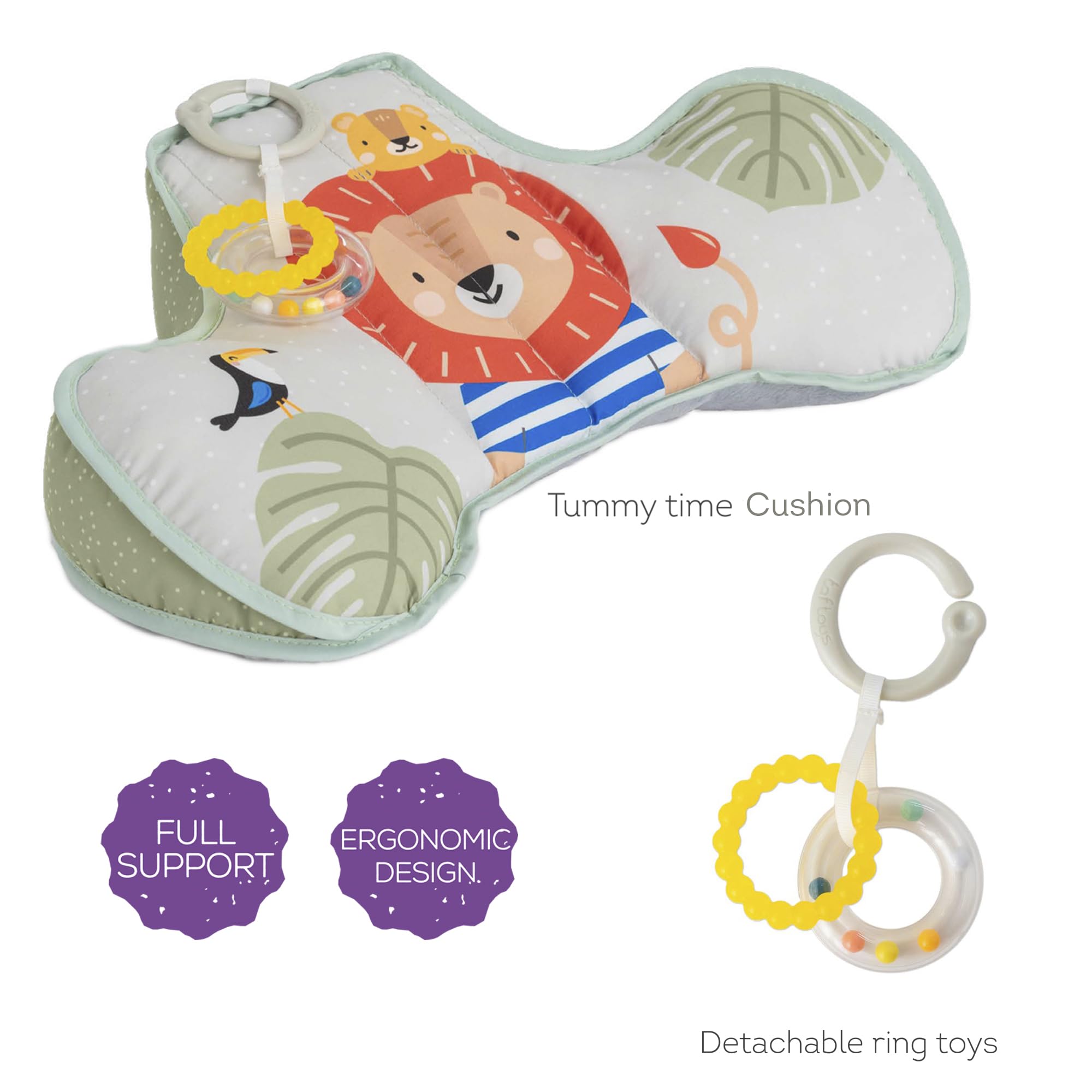 Detachable teether and rattle on Taf Toys cushion for exploration