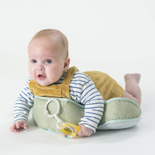 Soft surface of Taf Toys cushion provides comfortable tummy time experience