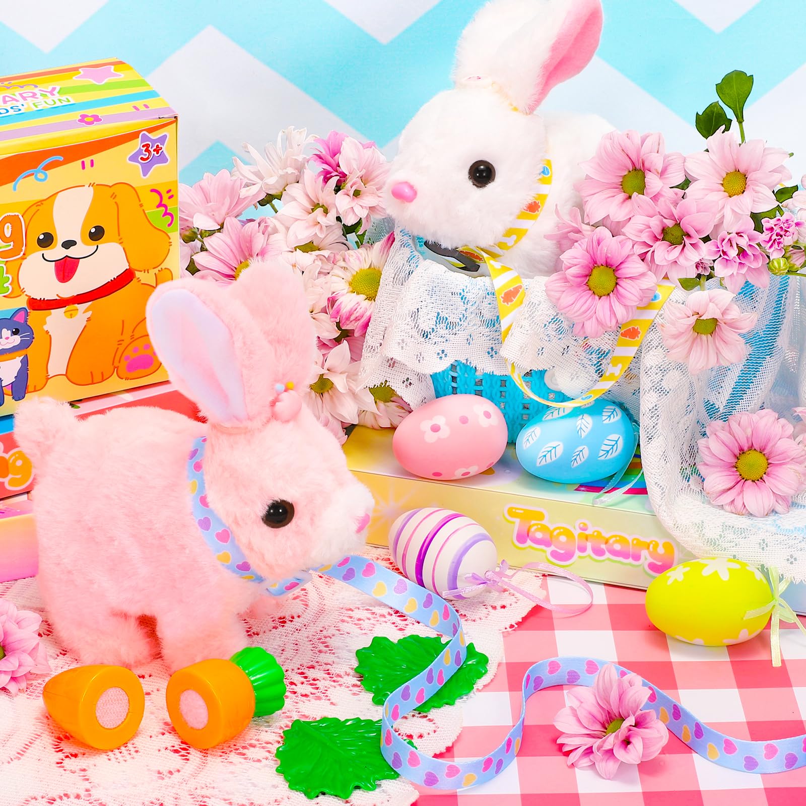 Tagitary bunny performs hopping motion to spark active pretend play sessions.
