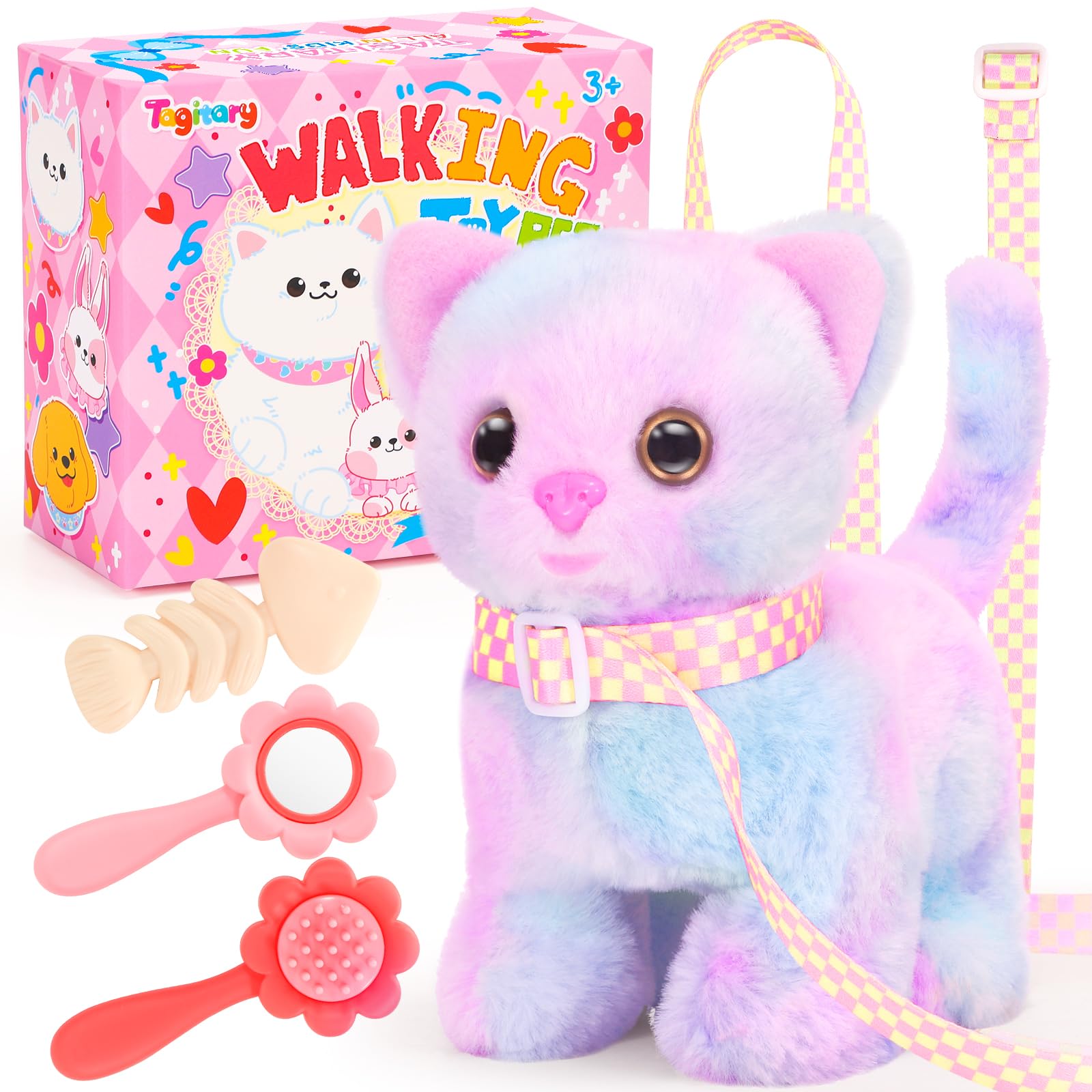 Tagitary plush cat toy in walking pose for kids' playtime.