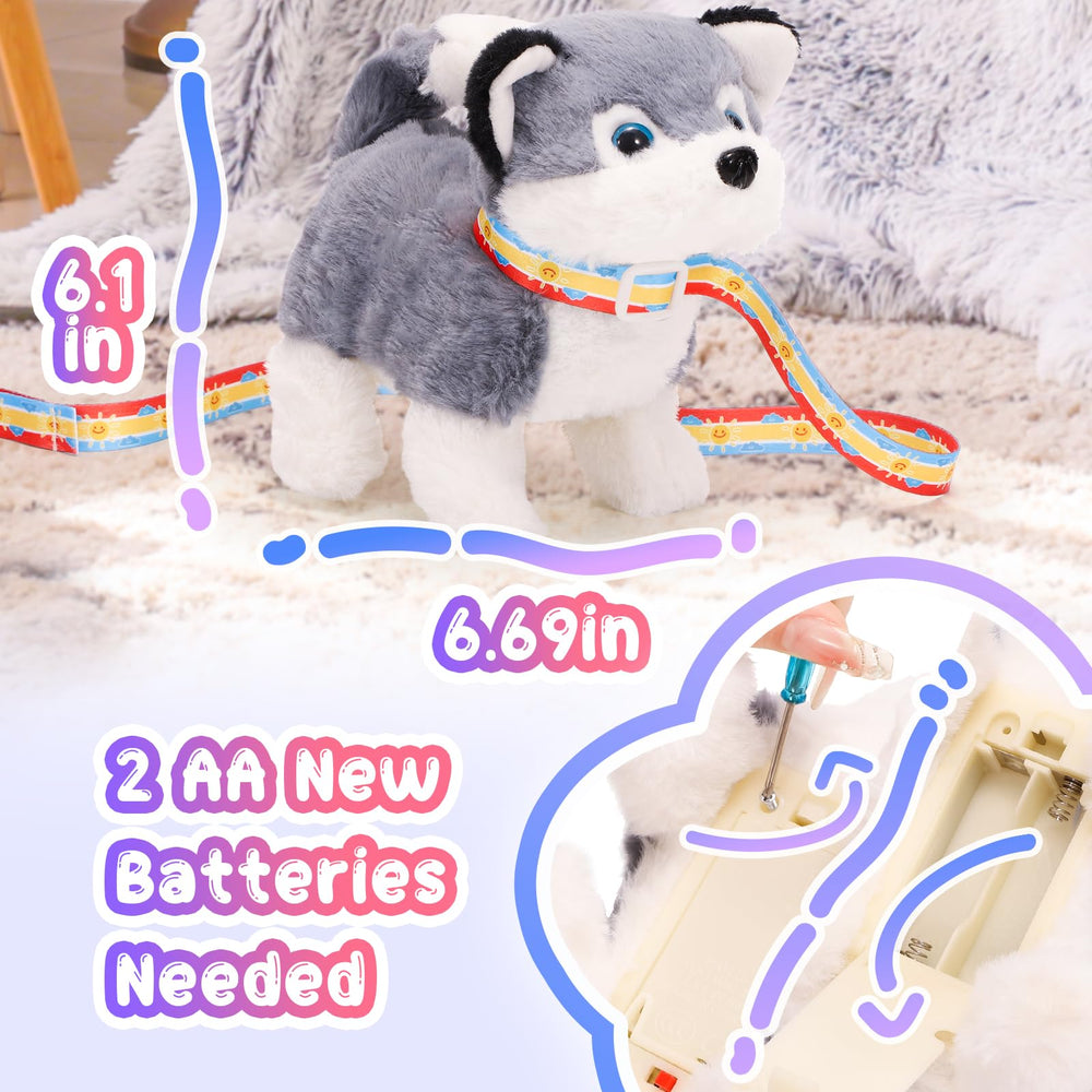 Tagitary plush dog toy with leash attached for pretend walking play.