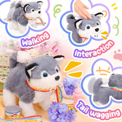 Tagitary plush dog toy demonstrates walking motion to engage kids.
