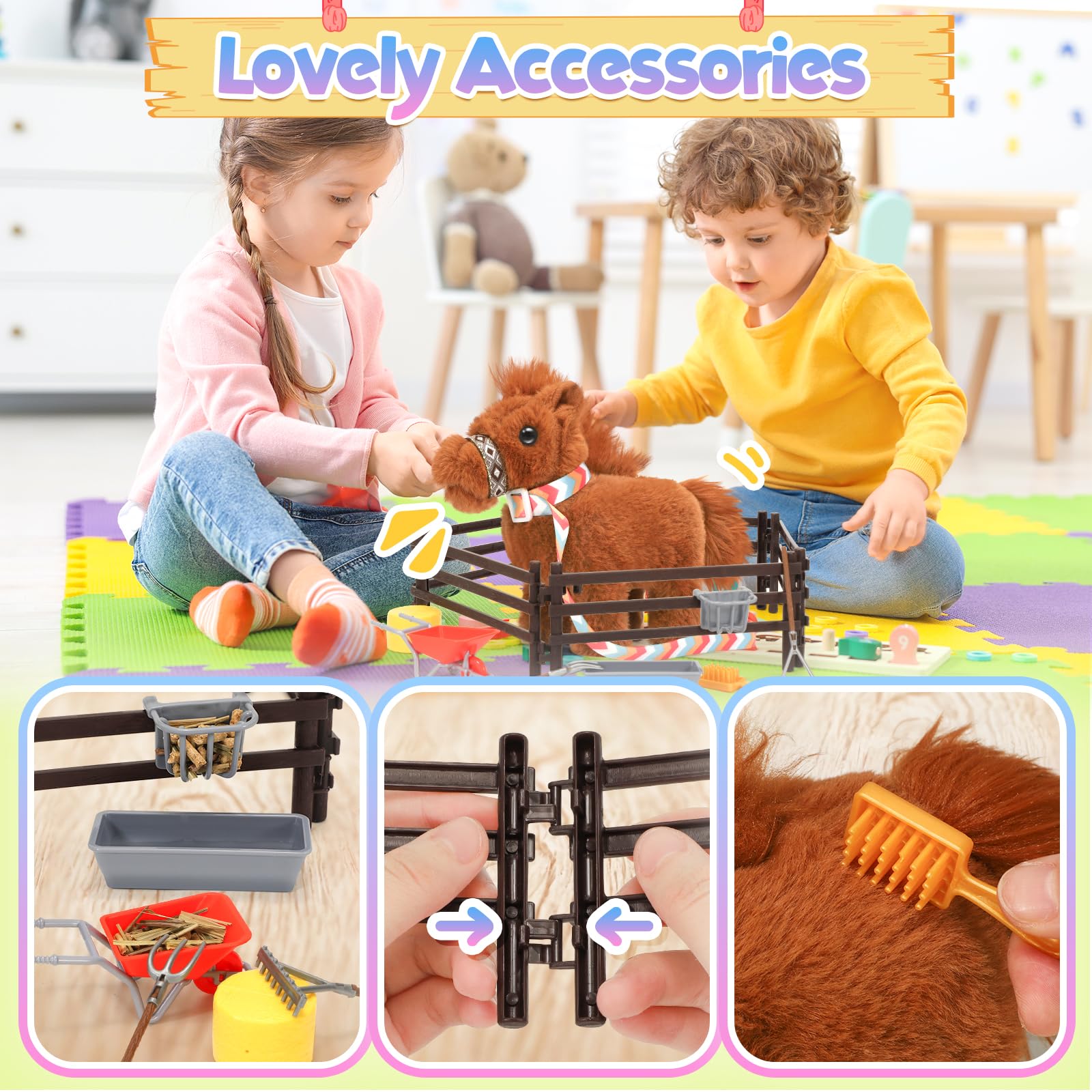 Tagitary plush horse farm accessories showcase imaginative setup for pretend farming