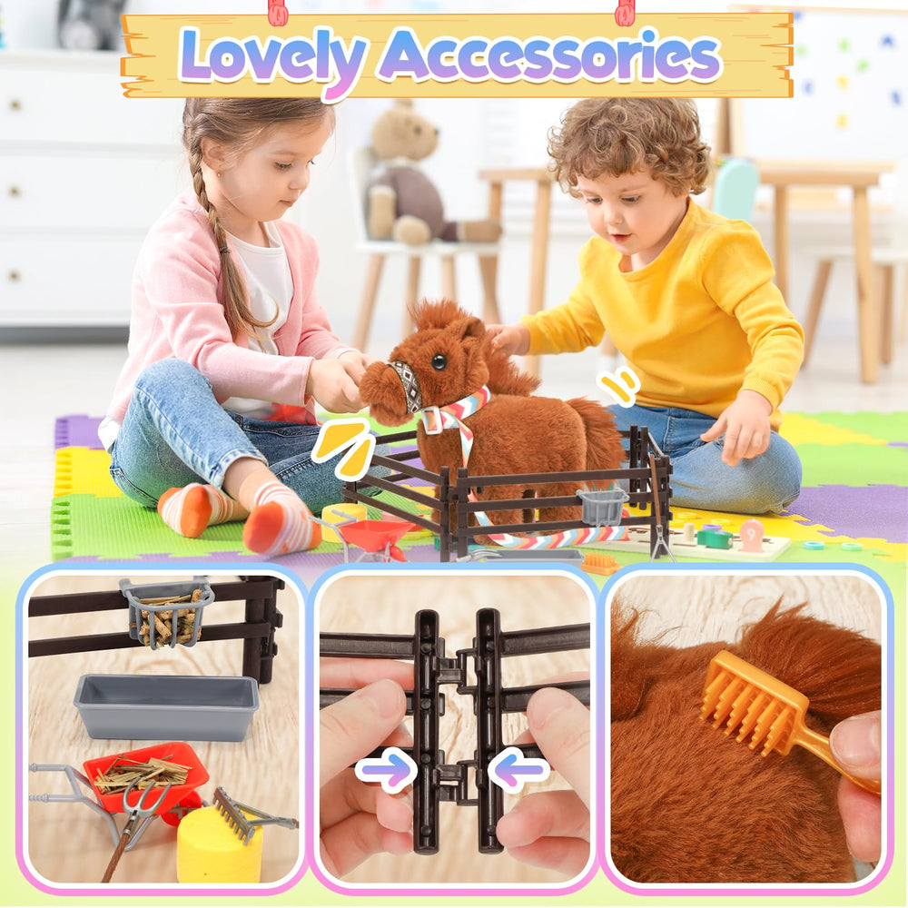 Tagitary plush horse farm accessories showcase imaginative setup for pretend farming