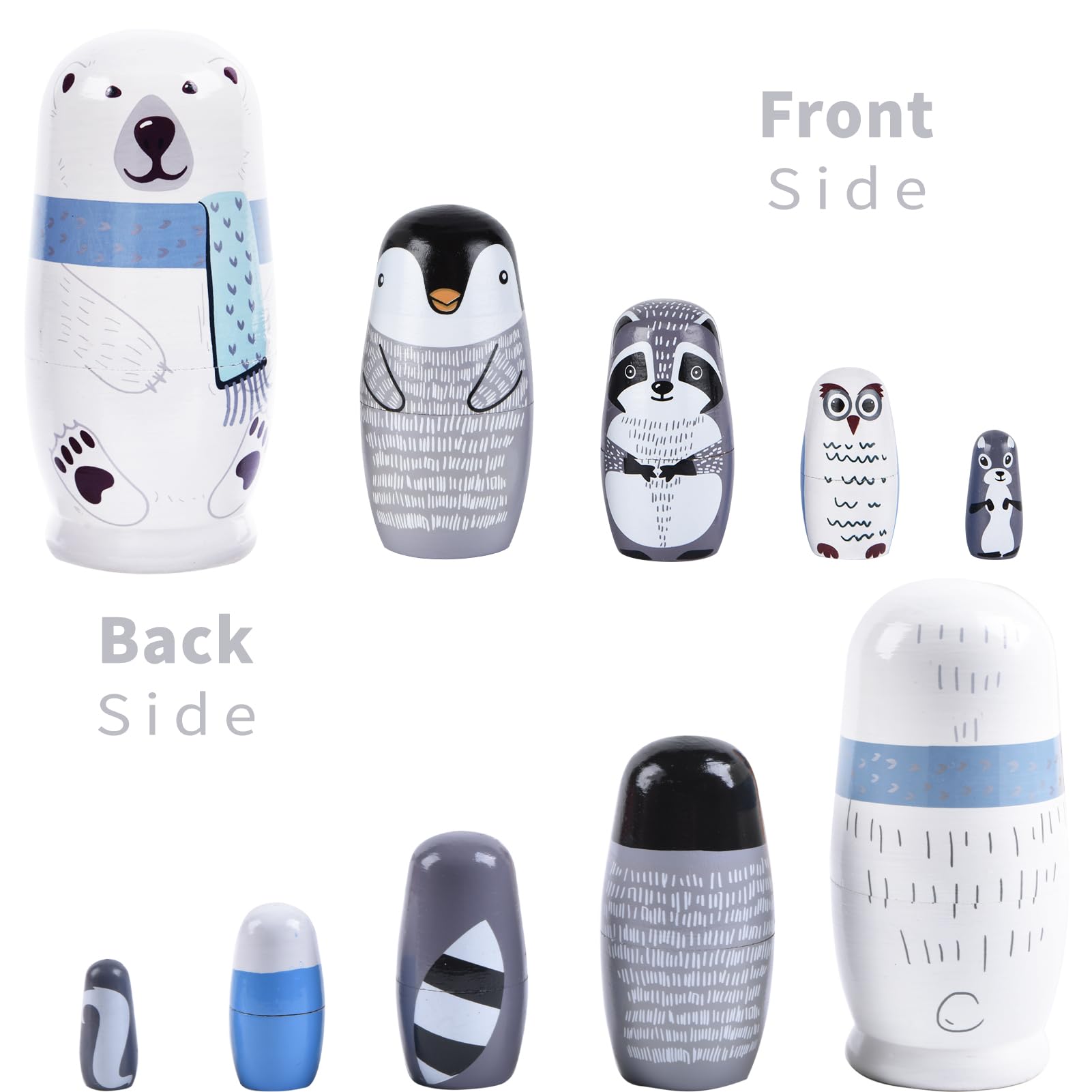 TAILERRI Nesting Dolls inner layer raccoon motif fosters constructive play.