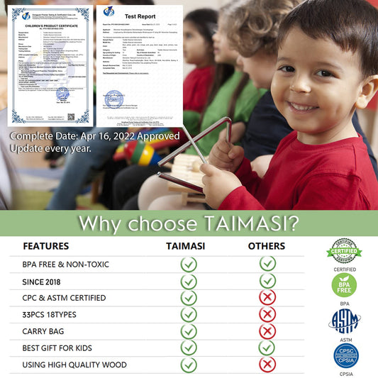 Taimasi wooden tambourine closeup highlighting safe non-toxic materials for children