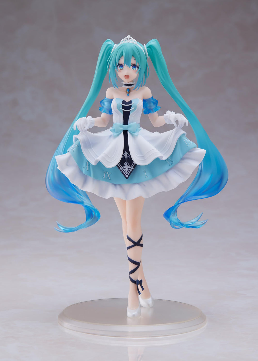 Taito Hatsune Miku Wonderland Cinderella figure on a sturdy base stand for display.