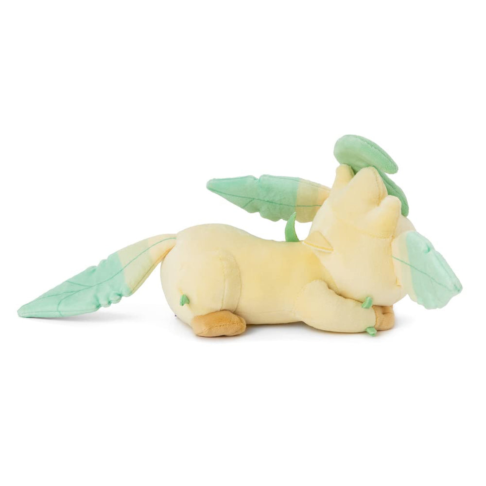 Takara Tomy Leafeon plush side view for travel comfort and play.