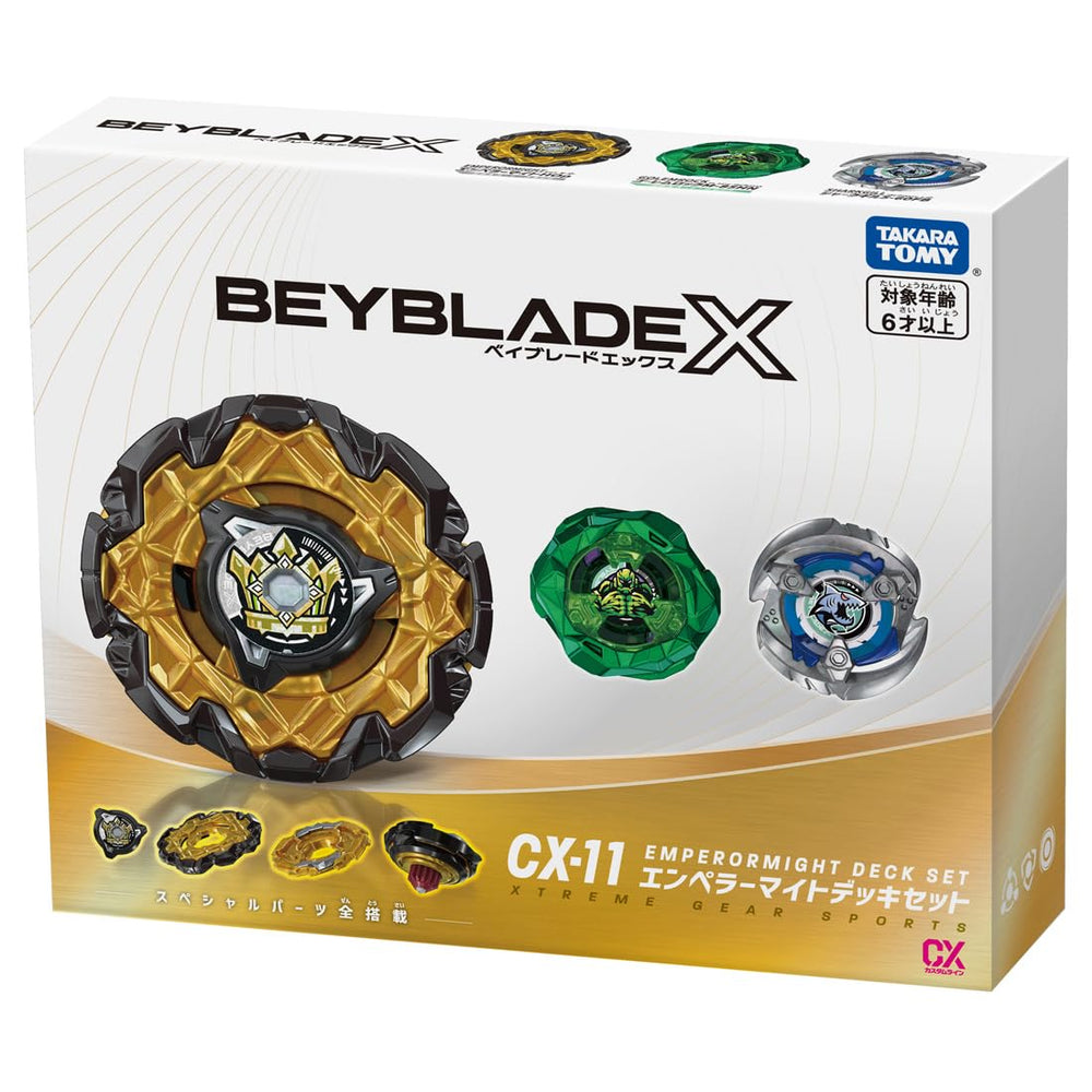 Takara Tomy Beyblade X CX-11 Emperor Mite Deck Set launcher highlights quick spins