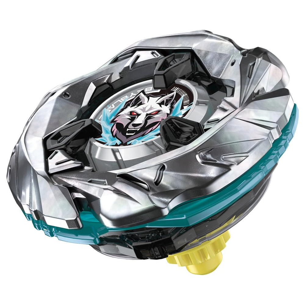 Takara Tomy Beyblade X Silver Wolf UX-08 top front view, metal-perimeter design for balanced spins