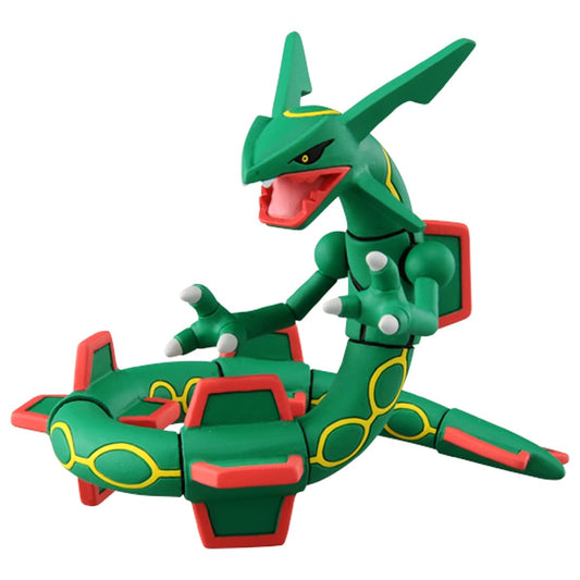 Takara Tomy Moncolle Rayquaza figure front view, detailed sculpt for display.