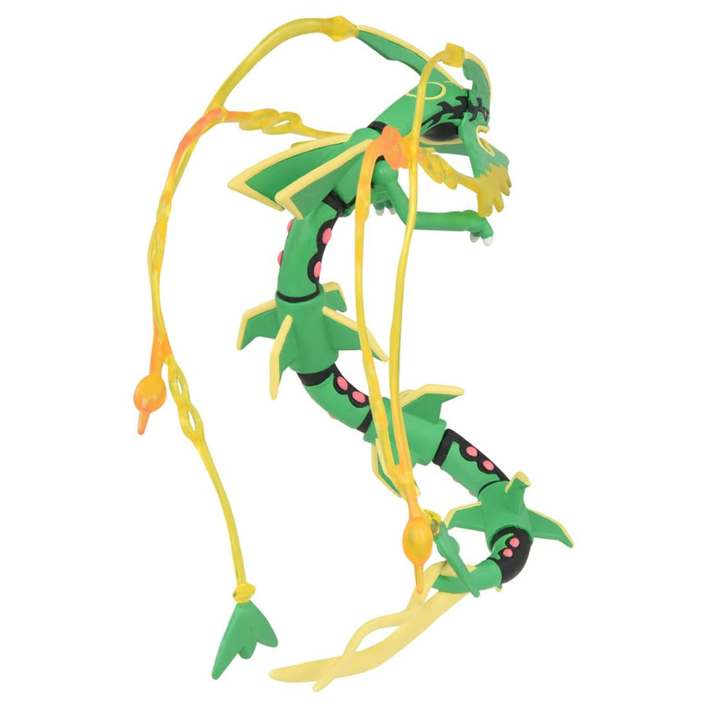 TAKARA TOMY Moncolle Mega Rayquaza tail sculpture adds dramatic balance on shelf.