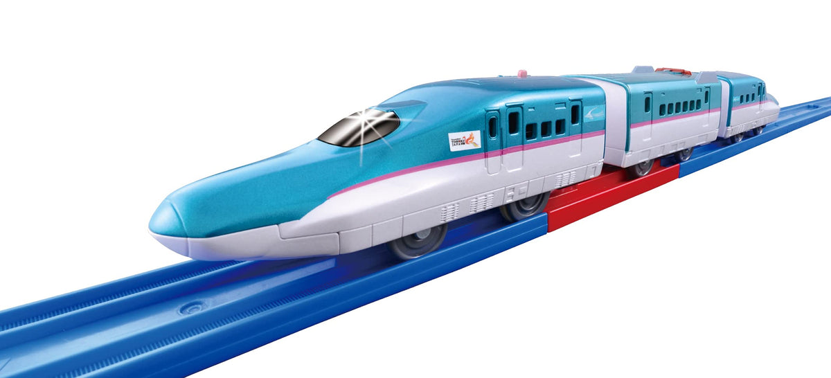 Takara Tomy Pla-Rail E5 Hayabusa front view on track for realistic speed.
