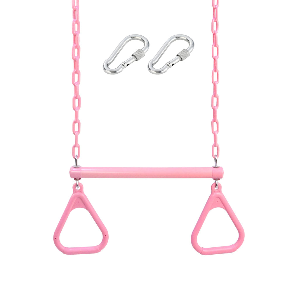 Take Me Away 18-inch pink trapeze bar with rings, easy to install for kids' backyard fun.