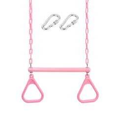 Take Me Away 18-inch pink trapeze bar with rings, easy to install for kids' backyard fun.