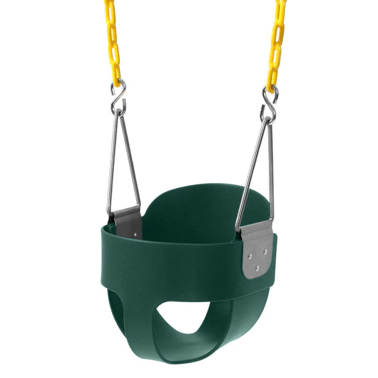 Take Me Away high back bucket swing seat with yellow chains for safe toddler play