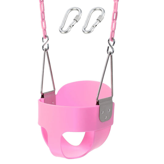 Take Me Away pink swing seat with chains, showing durable hardware for toddlers