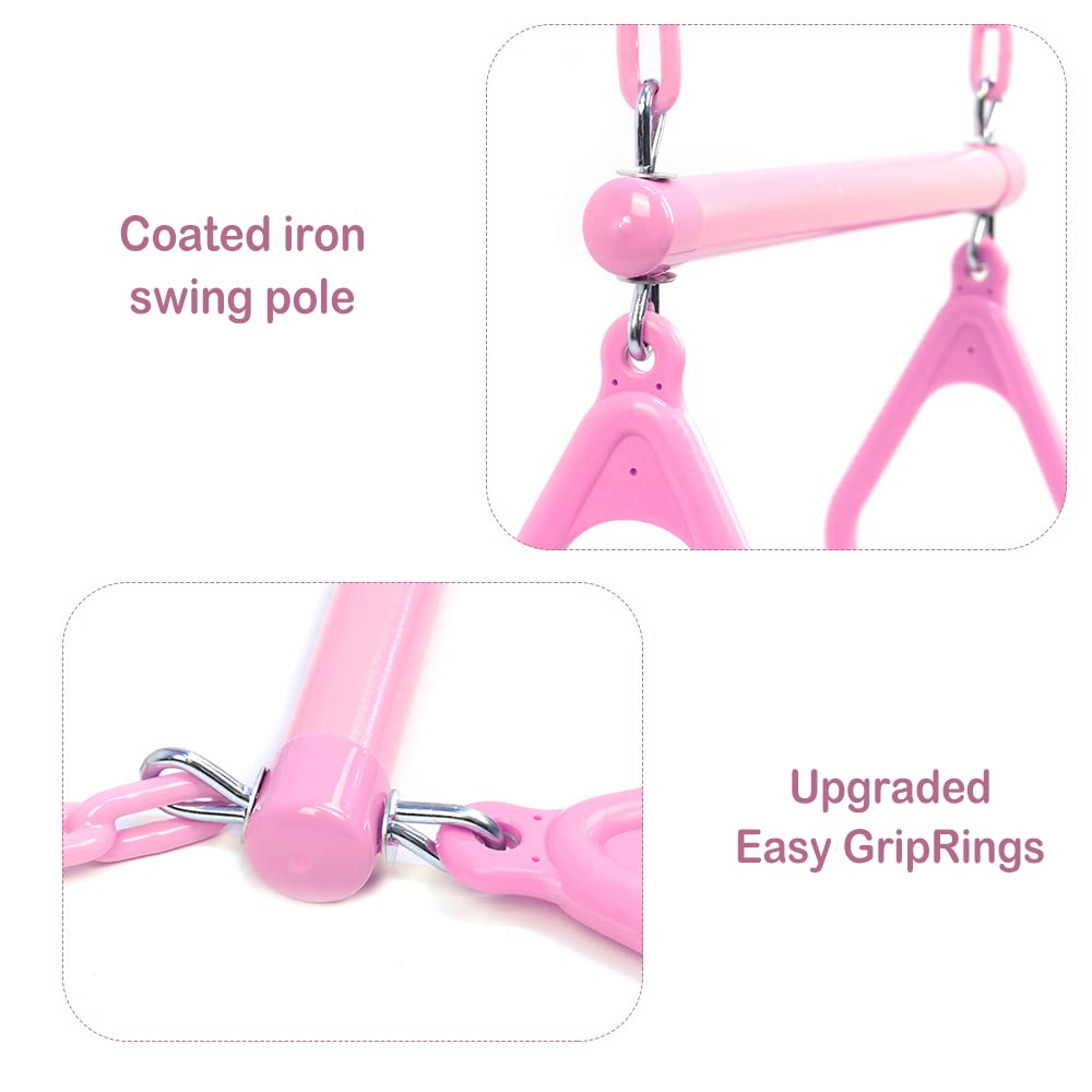Take Me Away plastic-coated chains provide weather resistance and smooth operation.
