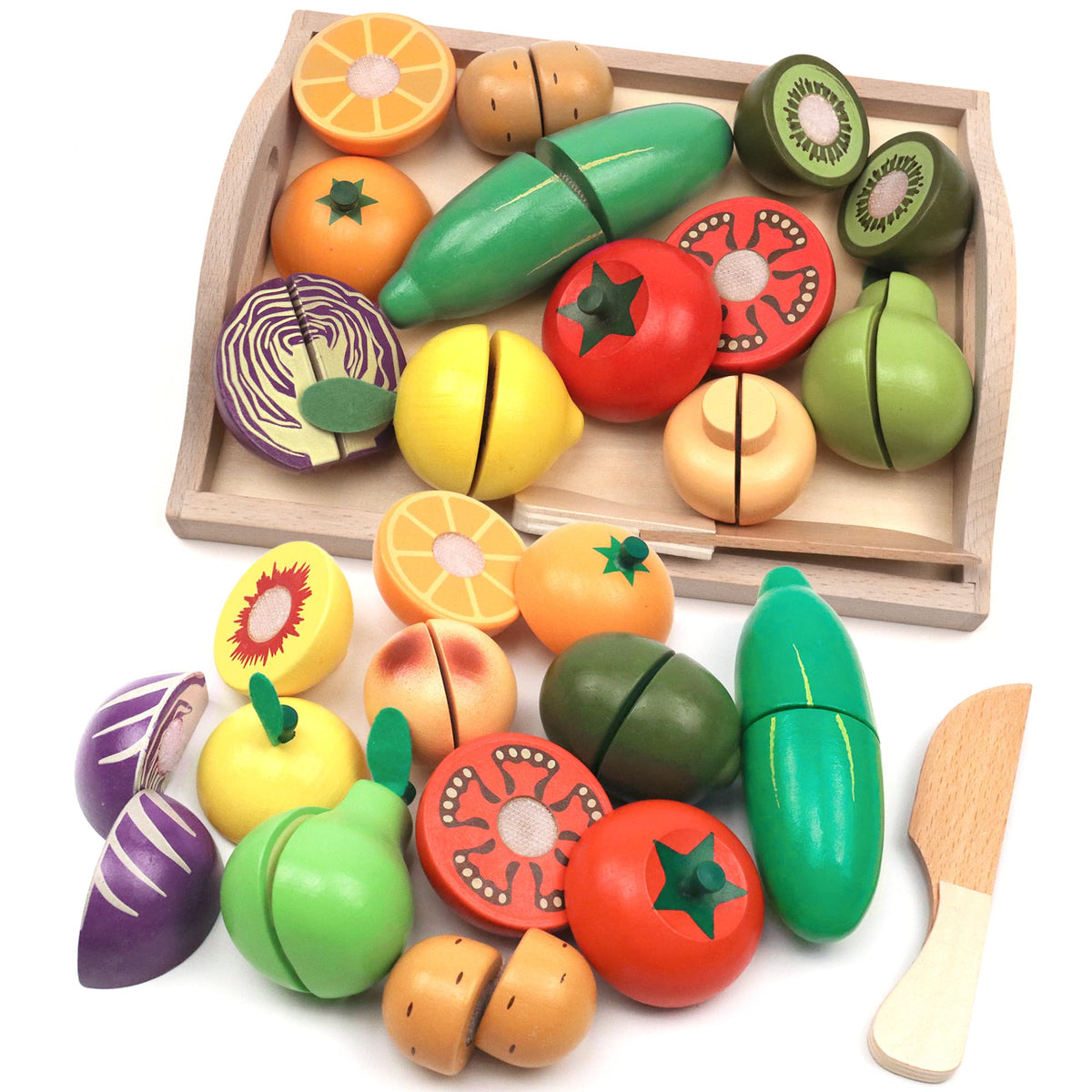 Take Me Away wooden cutting fruits set on a tray supports imaginative play
