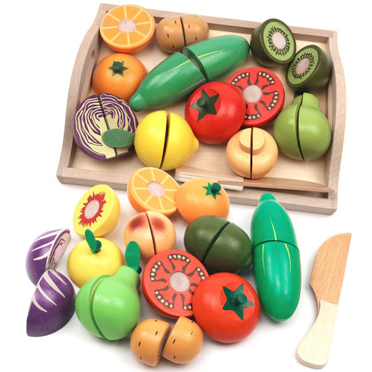 Take Me Away wooden cutting fruits set on a tray supports imaginative play