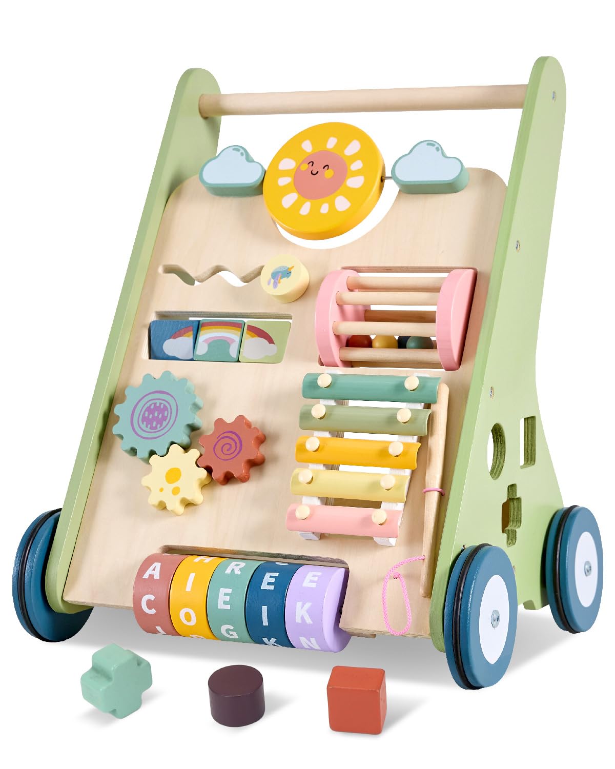 Takeeyce baby push walker with wooden wheels supports early mobility on smooth floors.
