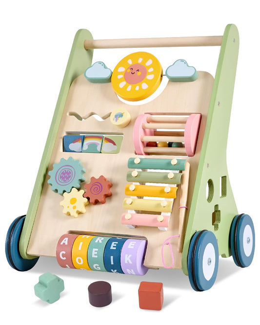 Takeeyce baby push walker with wooden wheels supports early mobility on smooth floors.