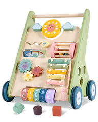 Takeeyce baby push walker with wooden wheels supports early mobility on smooth floors.
