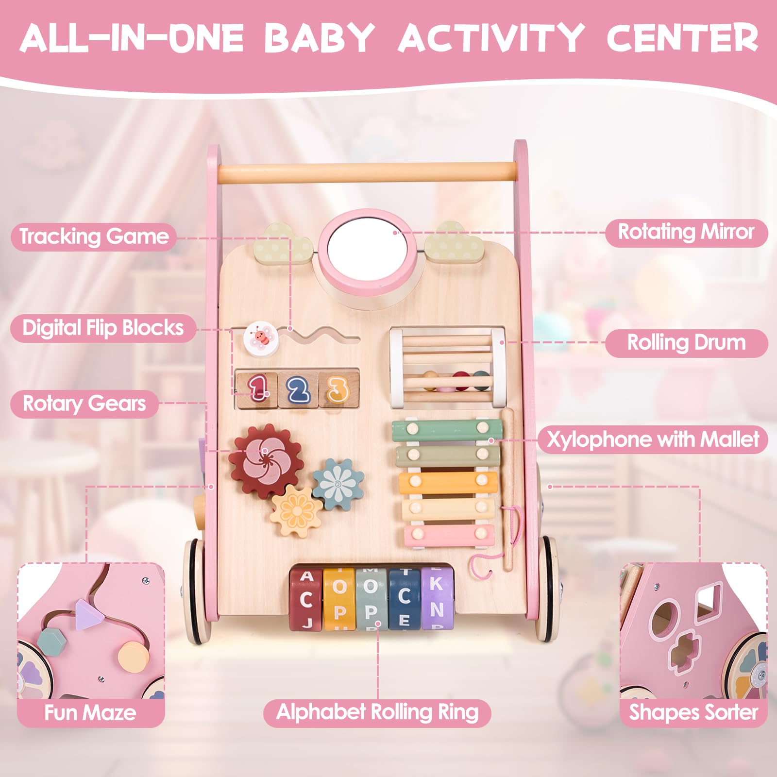 Takeeyce wooden walker with eight activities invites cognitive play and exploration.