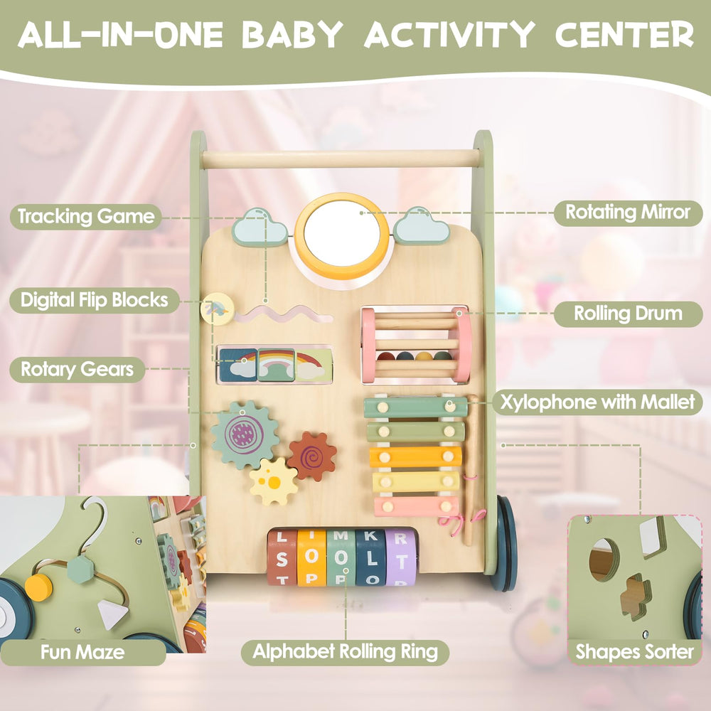 Takeeyce wooden-baby-walker-storage-back provides space for toys and snacks.