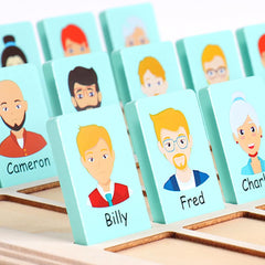 Taken All Guess Game wooden board showing all characters in a setup