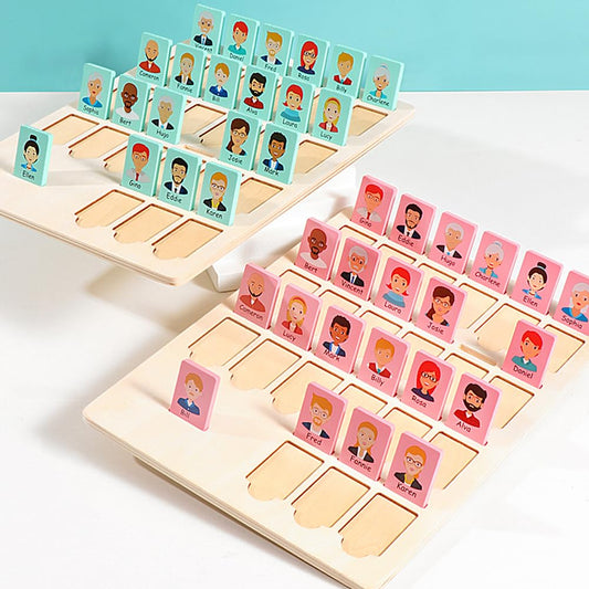 Taken All Guess Game wooden board with blue and pink character pieces for guessing
